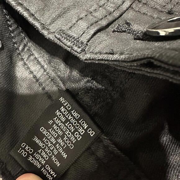 Cache Women’s Coated Wax Denim Sz 2 Black Skinny Pants Leather Threaded Rivets - Picture 5 of 12